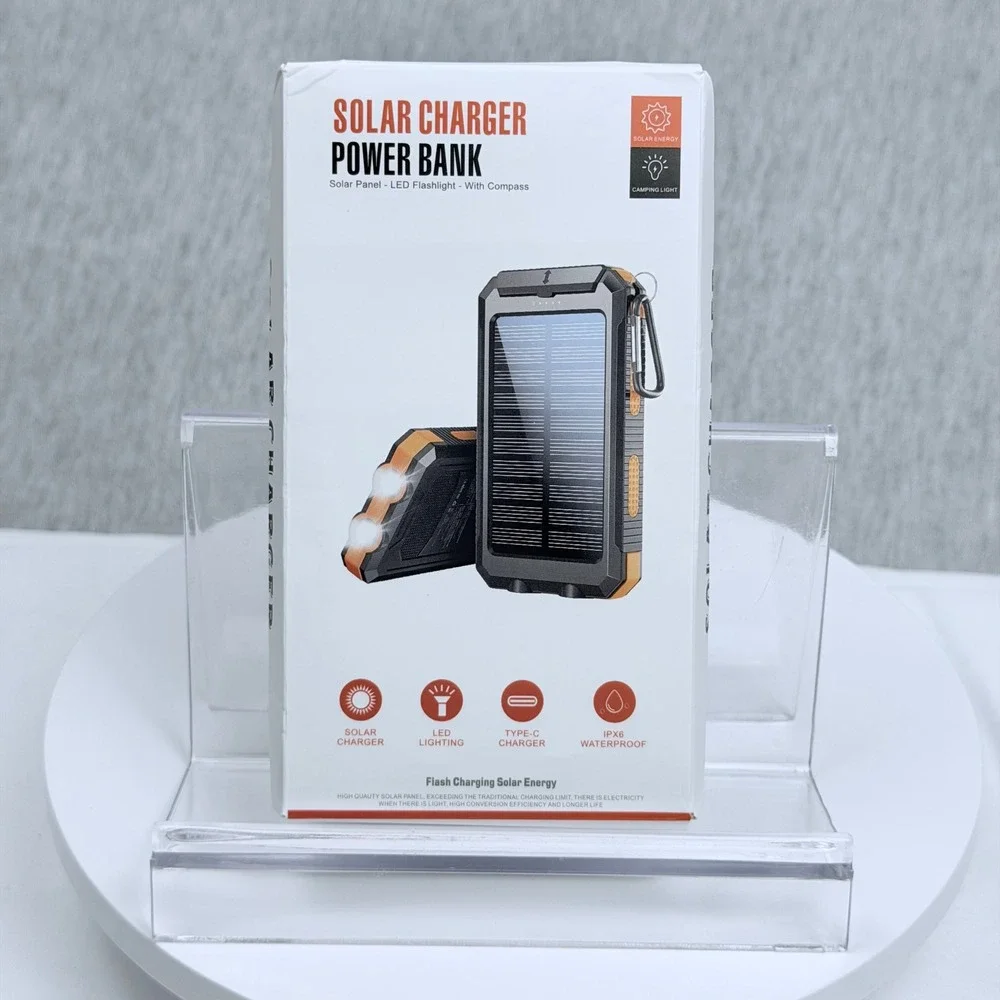Solar Charger Power Bank Portable Waterproof Dual LED Flashlight Compass Orange